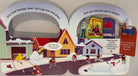 Illustrated children's book page about hockey with houses and hockey players.