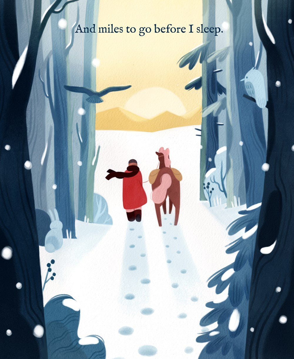 Illustration of two people walking with a dog through a snowy forest at sunset.