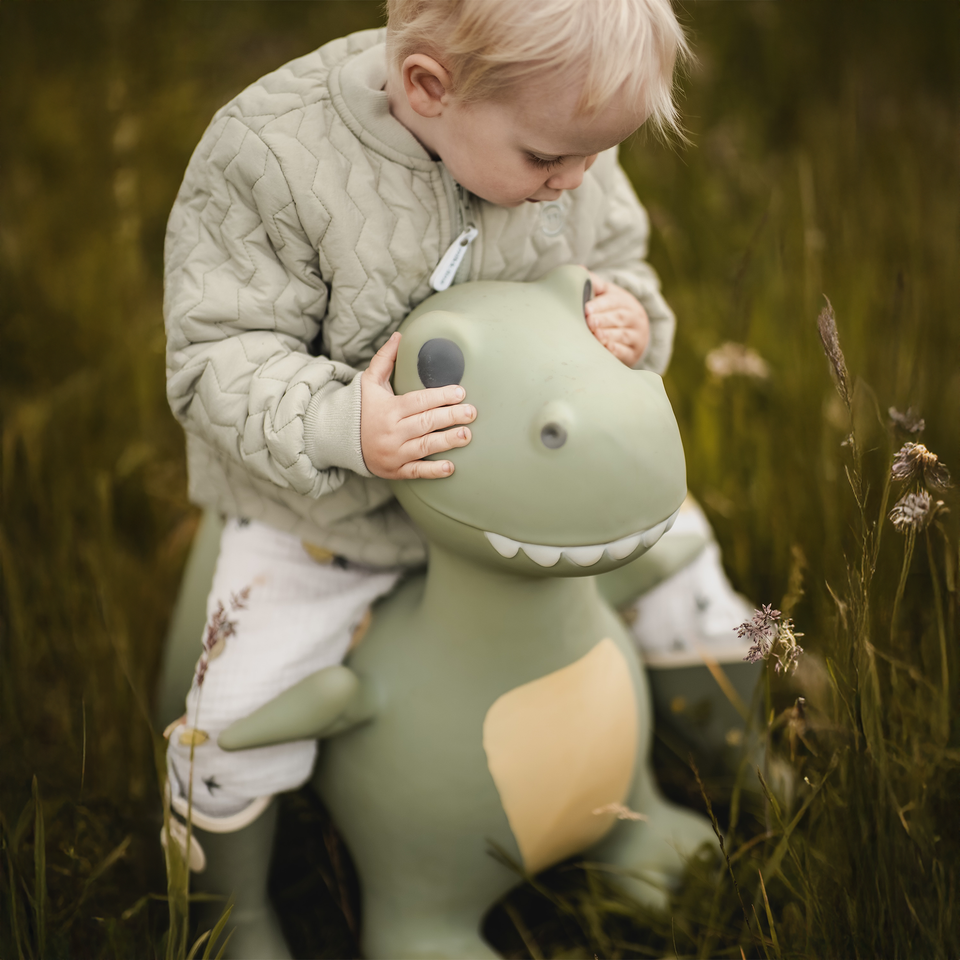 Child playing with a green dinosaur toy in a grassy field