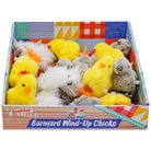 Box of assorted barnyard wind-up chicks with colorful packaging.