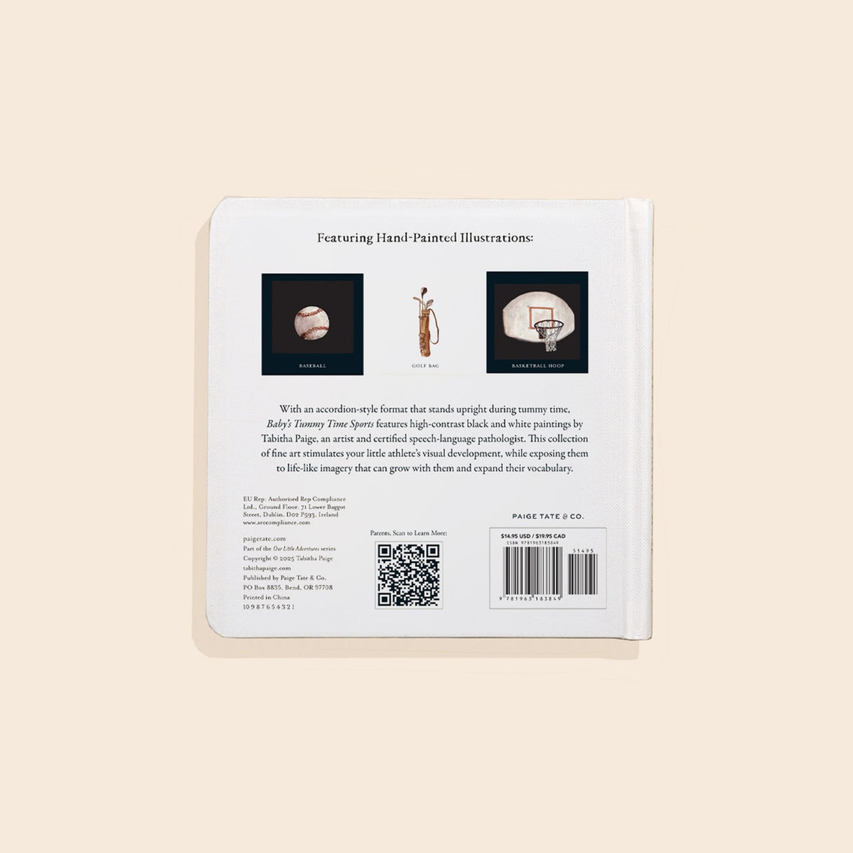 Back cover of a book with illustrations and text on a beige background