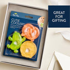 Packaged cutie coolers with colorful designs in a box, labeled 'Great for Gifting'.