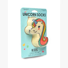Packaged unicorn socks with colorful design on a light blue background