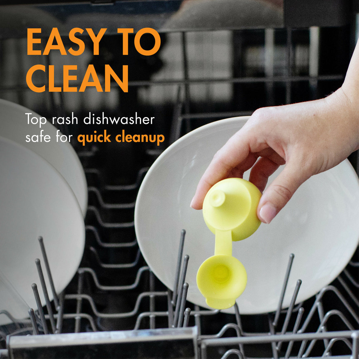 Hand placing a yellow dishwashing tablet into a dishwasher with text 'Easy to Clean' and 'Top rack dishwasher safe for quick cleanup'.