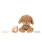 Plush toy dog with a leash and bone on a transparent background