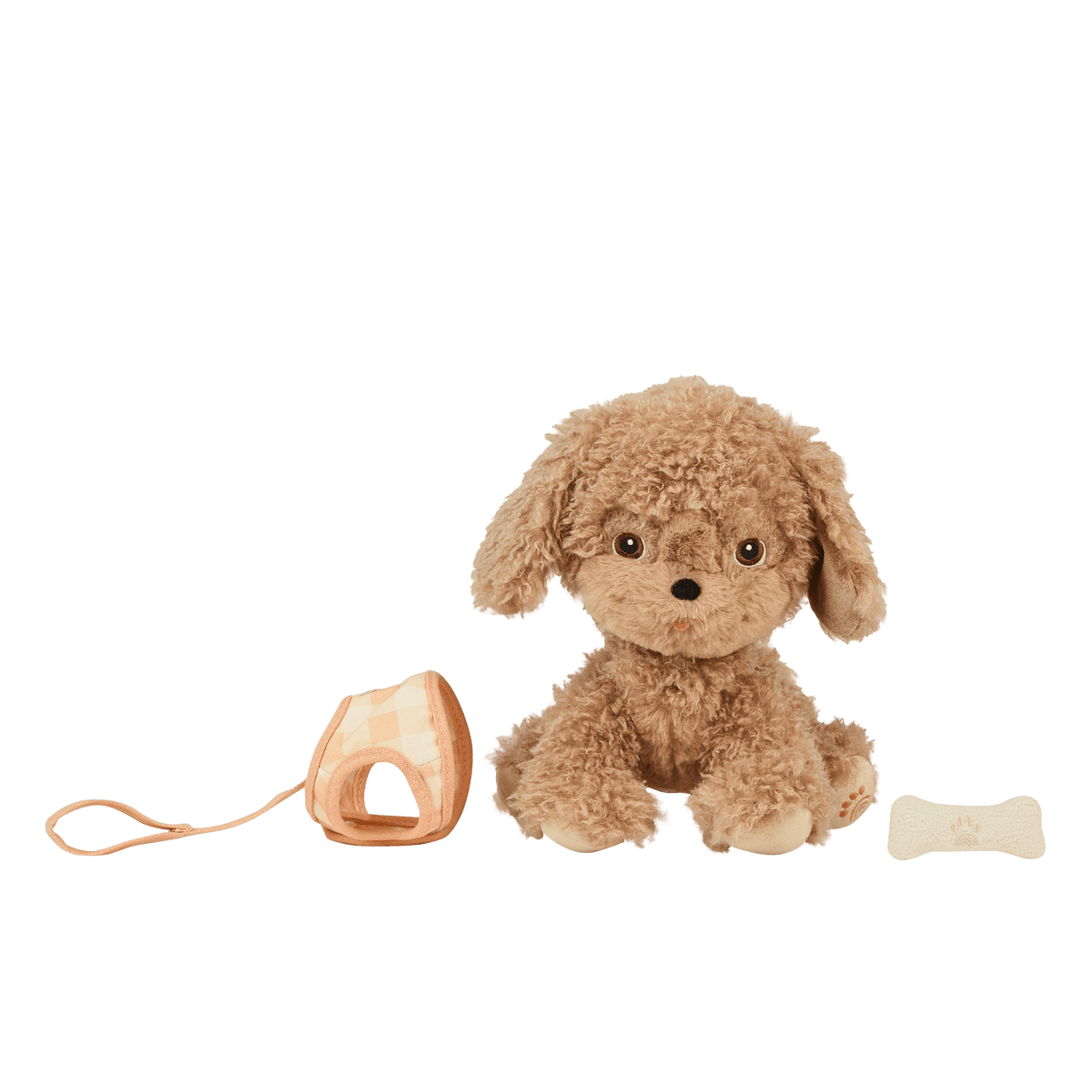 Plush toy dog with a leash and bone on a transparent background