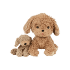Two fluffy toy dogs, one larger and one smaller, on a transparent background