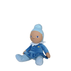 Plush toy with blue outfit and hat on a white background