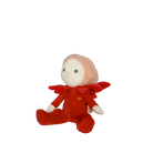 Plush toy with red outfit and pink hair on a white background