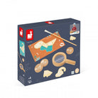 Children's toy set packaging with wooden tools on a white background