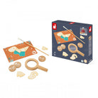 Wooden toy set with magnifying glass, sticks, and cards on a white background