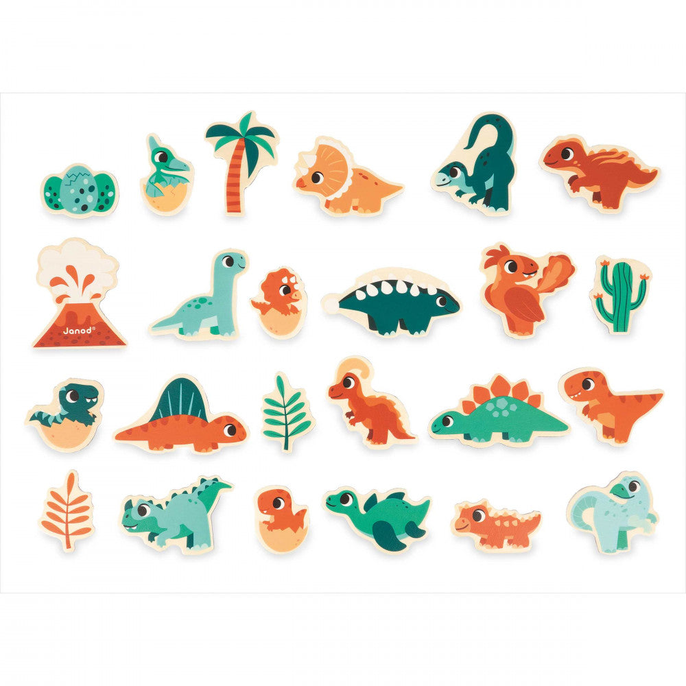 Set of colorful dinosaur and plant stickers on a white background