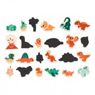 Set of colorful dinosaur-shaped wooden toys on a white background