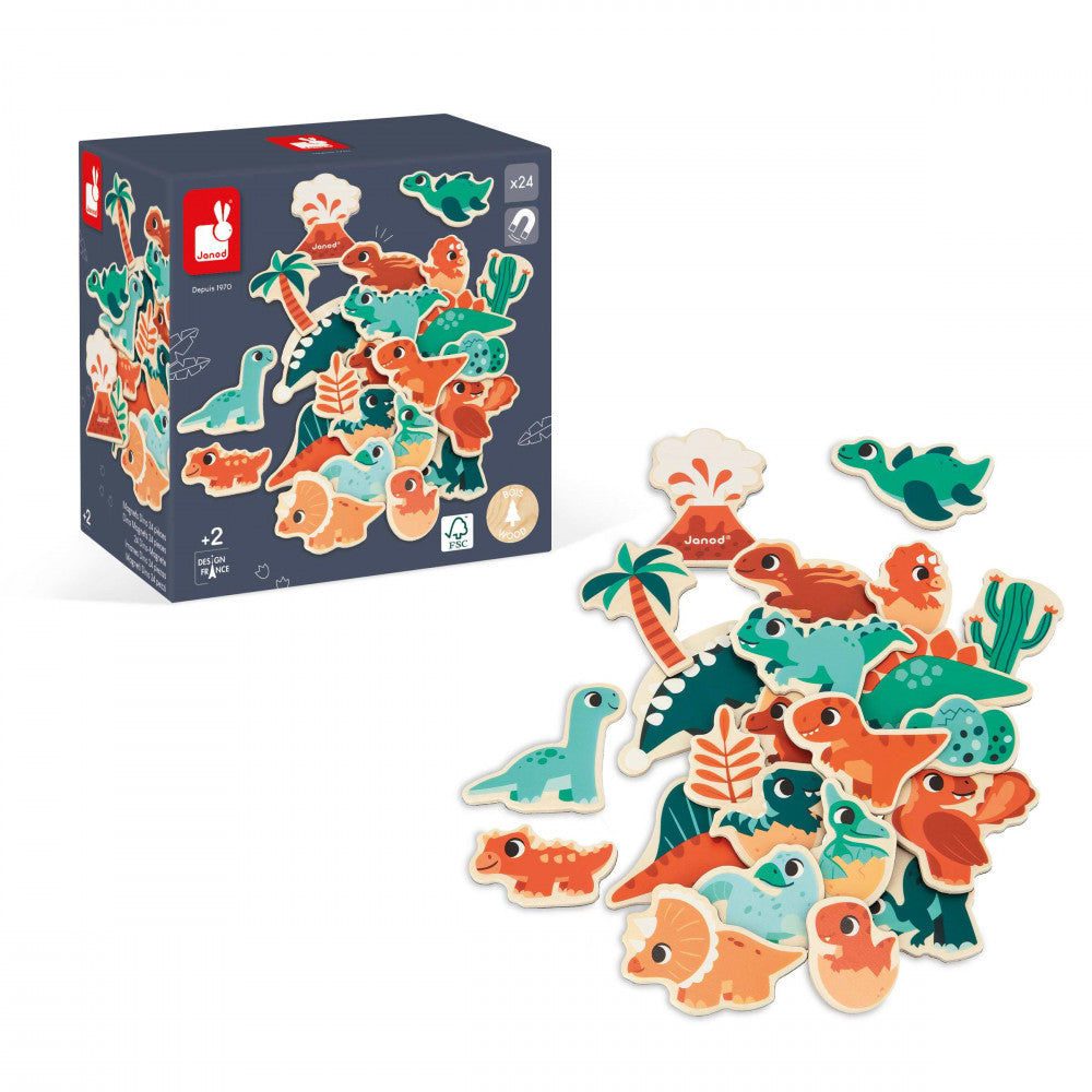 Set of colorful dinosaur-shaped wooden toys with packaging on a white background