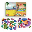Colorful dinosaur toy set with two landscape cards on a white background