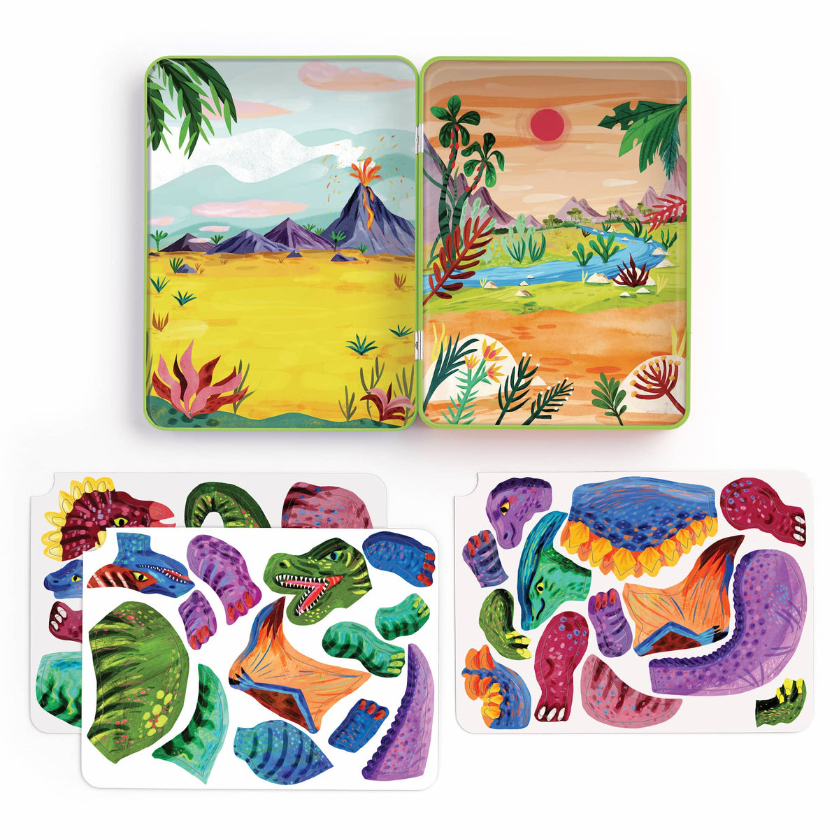 Colorful dinosaur toy set with two landscape cards on a white background