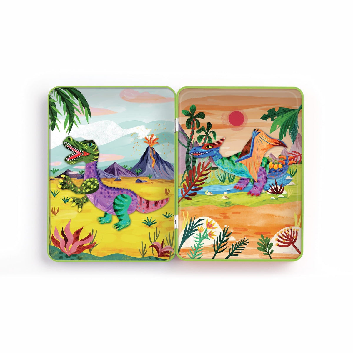 Two colorful tin boxes with dinosaur illustrations on a white background
