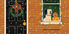 An interior spread from Dog's First Christmas showing a black front door adorned with a festive green wreath and a red bow on the left, next to a red brick wall with a window on the right. A white dog and a smaller dog look out through the window, surrounded by string lights, with text at the bottom that reads, "And it is Christmastime."