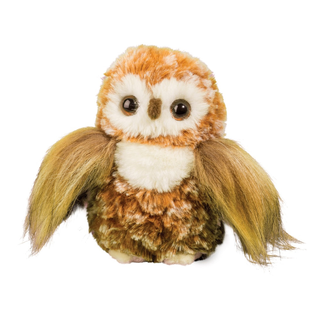 A plush owl toy with fluffy orange-brown and white fur, large dark eyes, and spread wings in a golden-brown tone, photographed on a plain white background.