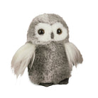 A plush owl toy with a gray and white fuzzy body, large dark eyes, and white wings, photographed on a plain white background.