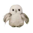 A small plush owl toy with fluffy white fur, gray wings, and dark eyes, centered on a plain white background.