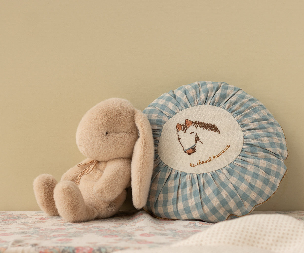 Plush toy and checkered pillow with embroidered design on a soft surface.