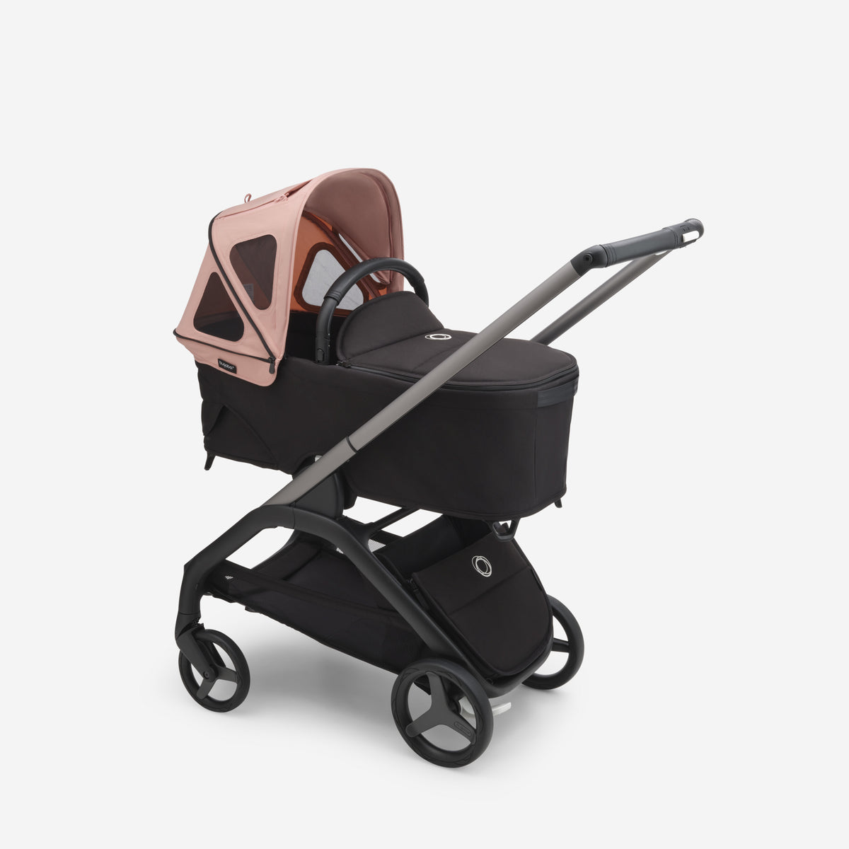 Black baby stroller with a pink canopy on a white background