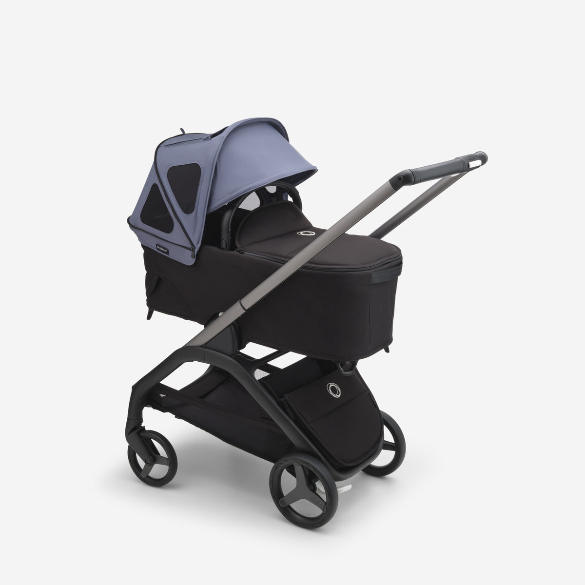 Black stroller with a gray canopy on a white background