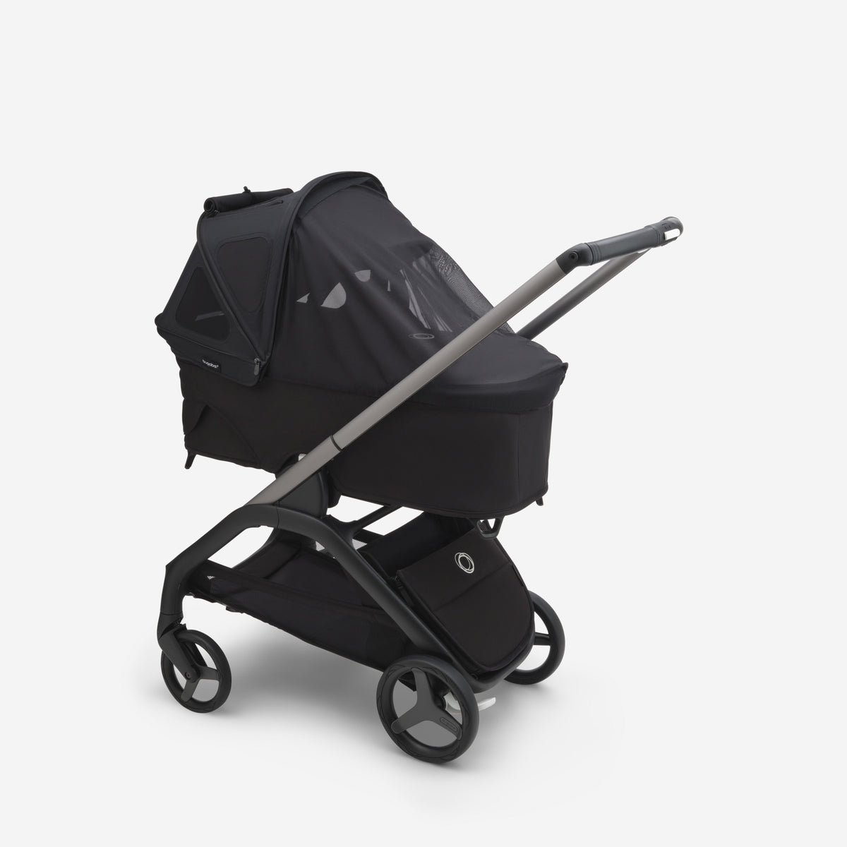 Black stroller with a gray handle on a white background