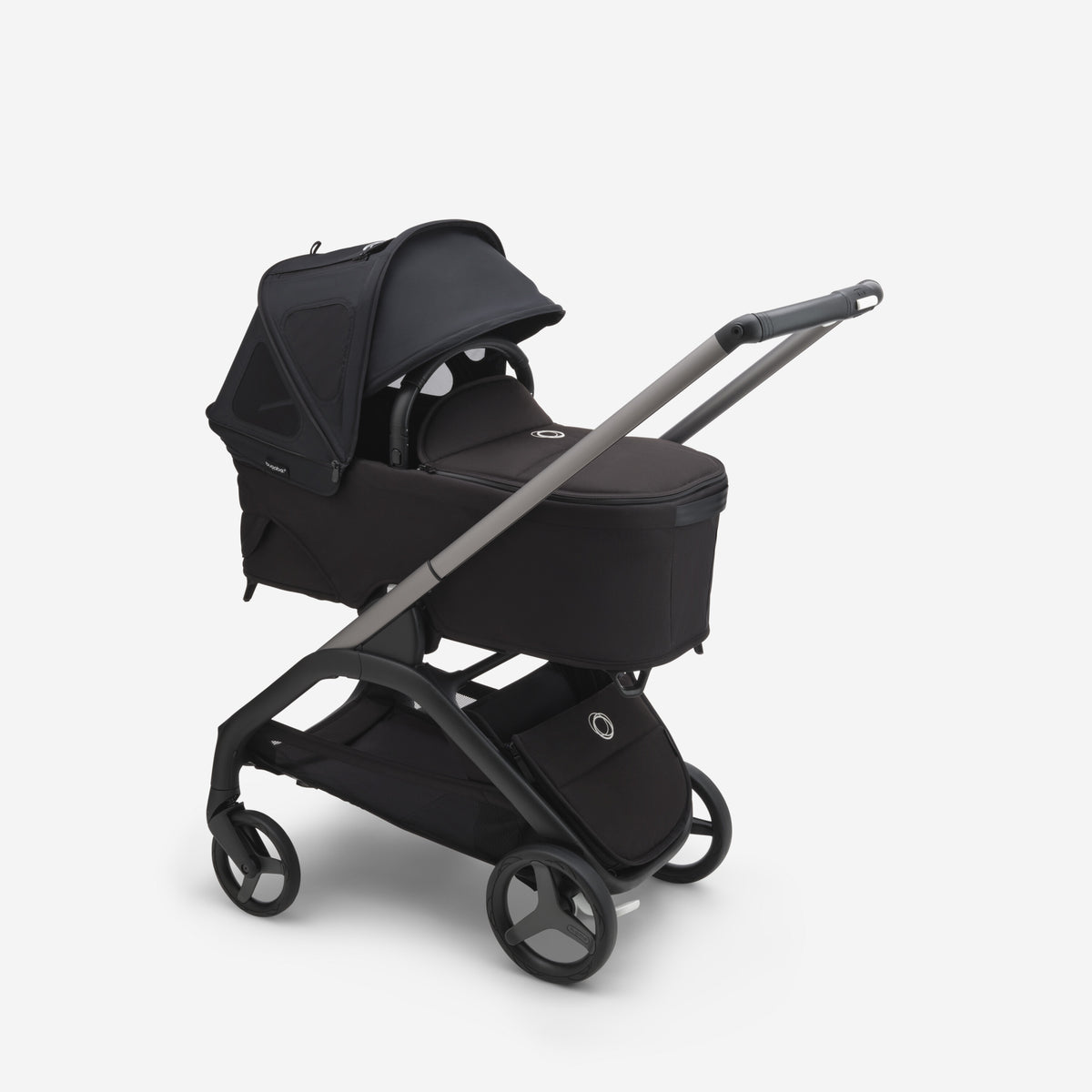 Black stroller with canopy on a white background