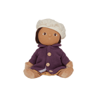 Stuffed toy with a purple coat and white hat on a transparent background