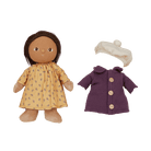 Doll with yellow dress, purple coat, and white hat on a transparent background