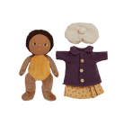 Plush toy with a purple coat and yellow dress on a transparent background