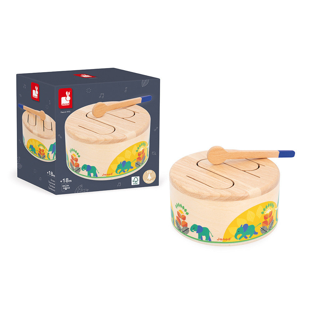 Wooden toy drum with colorful design and packaging on a white background