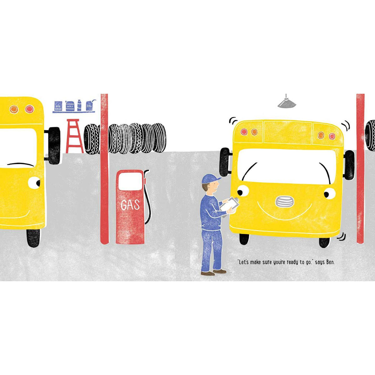 Illustration of a yellow bus at a gas station with a person refueling it.