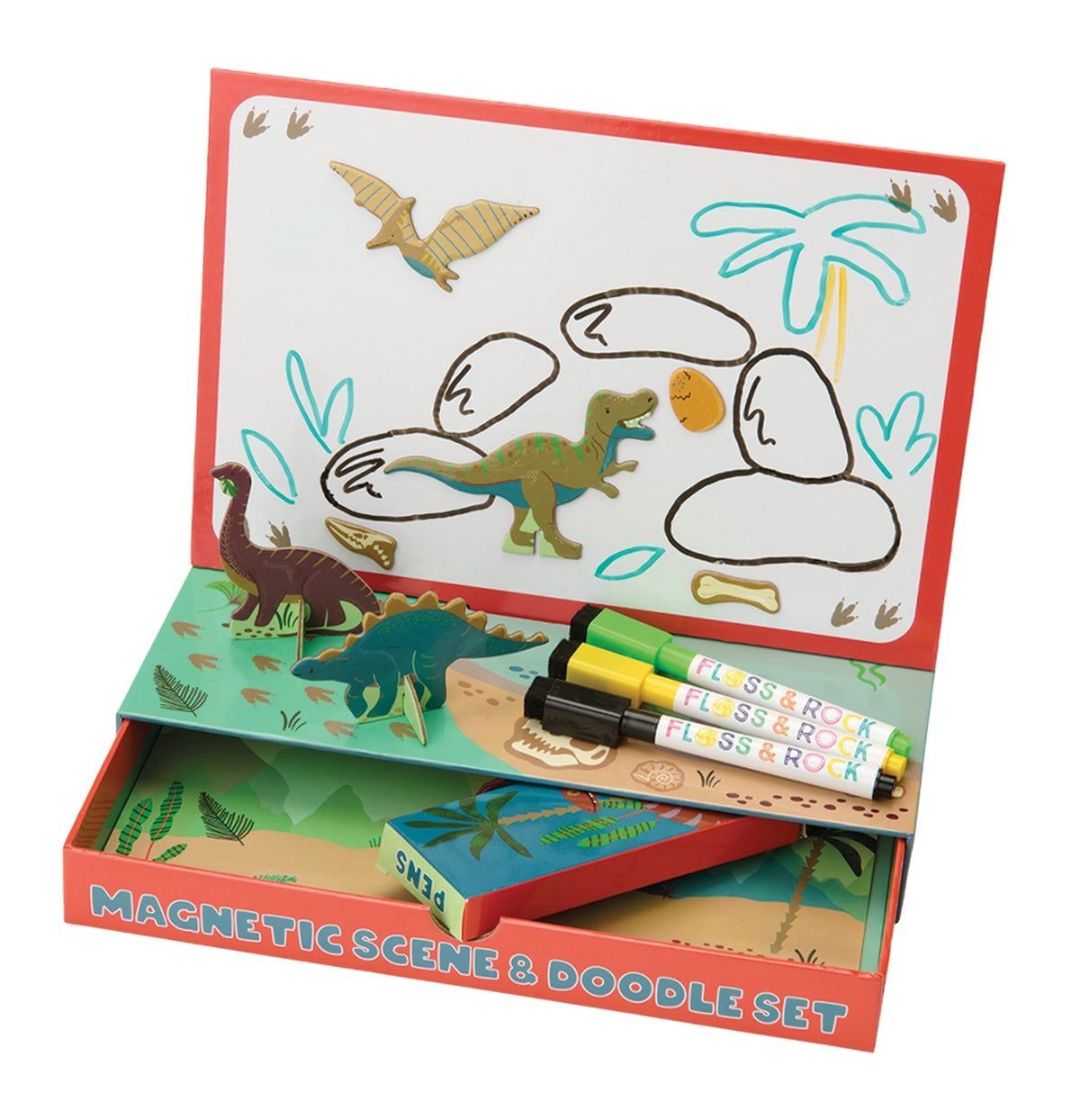 Magnetic scene and doodle set with dinosaur figures and markers on a white background