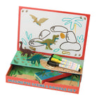 Magnetic scene and doodle set with dinosaur figures and markers on a white background