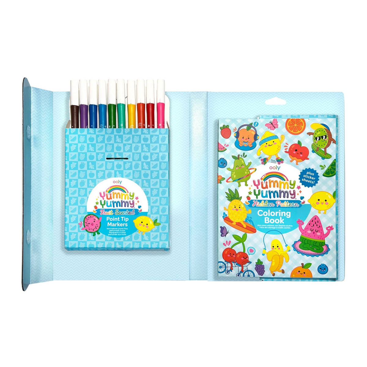 Coloring book and marker set with 'Yummy Yummy' branding on a white background