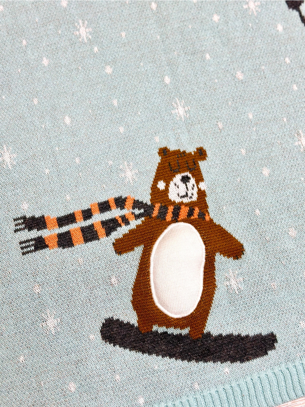 Knitted fabric with a bear design wearing a scarf on a light blue background