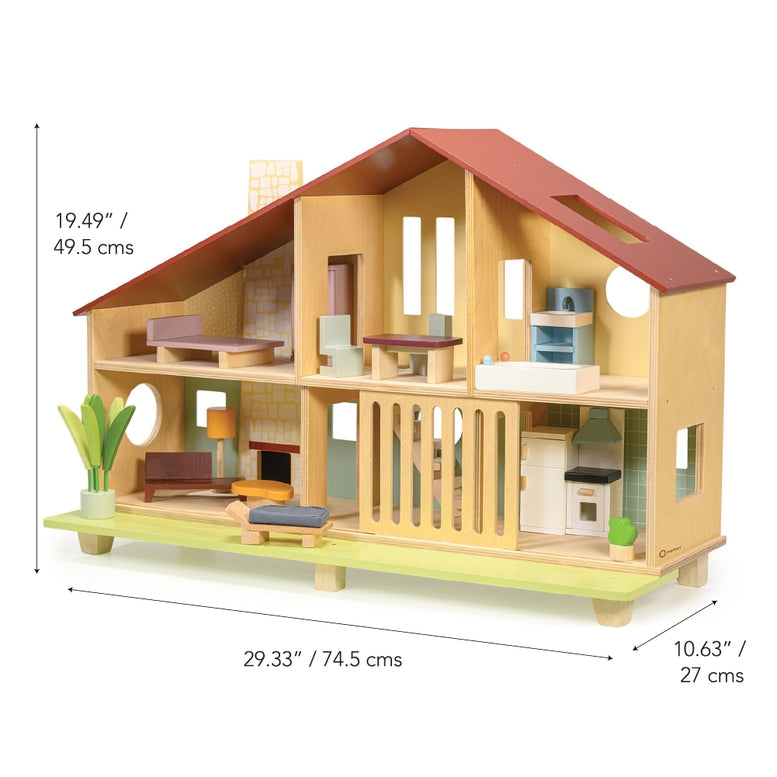 Wooden Cedar Chalet Modernist Dollhouse by Mentari showing product dimensions of 29.33 inches wide, 10.63 inches deep, and 19.49 inches high on an open-front mid-century modern design featuring a red gabled roof, a pebble-dash style chimney breast, and six furnished rooms with a sliding ground-floor grill.