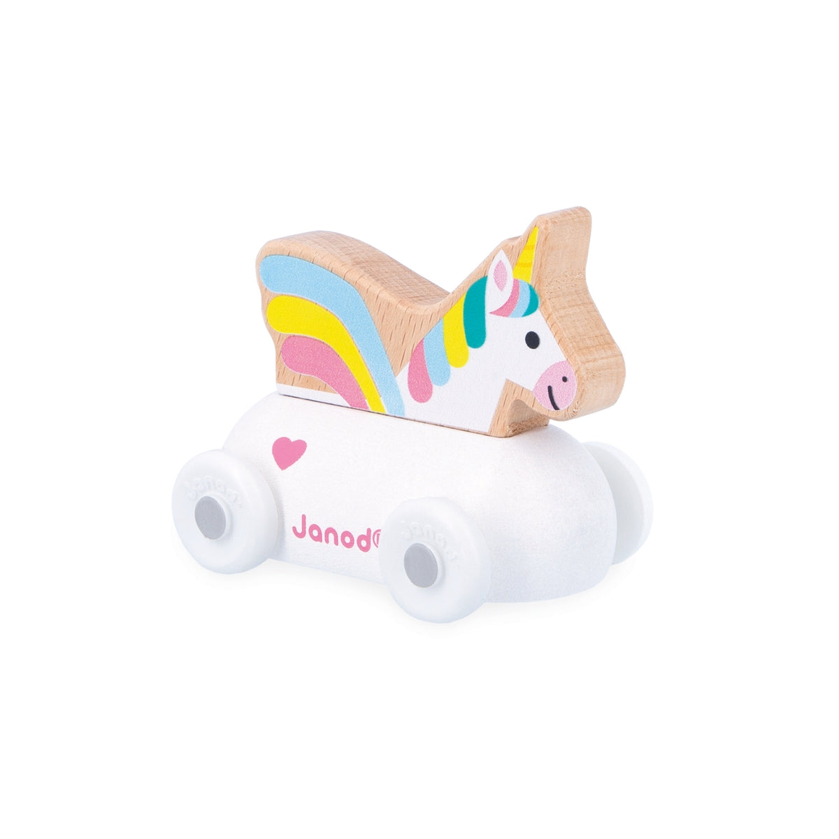Wooden unicorn toy with rainbow mane on a white background, branded 'Janod'.