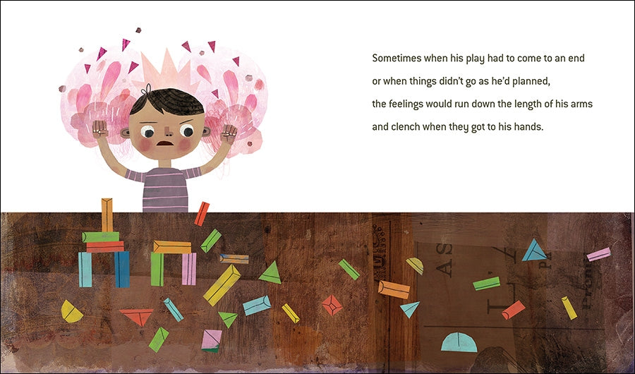 Illustration of a child with colorful blocks and text about feelings and play.