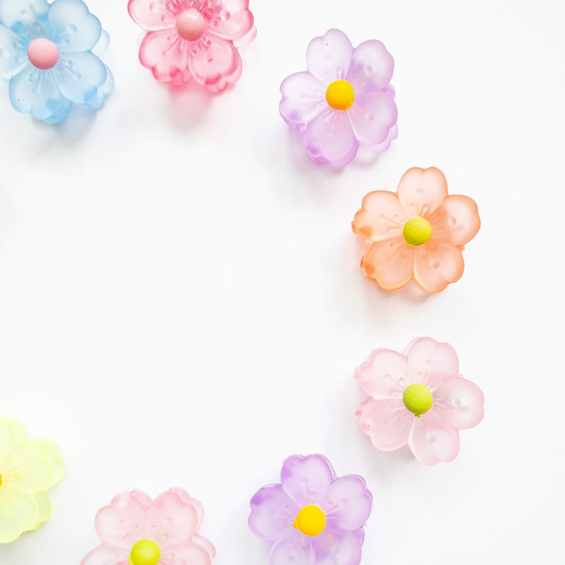 Colorful flower-shaped candies on a white background