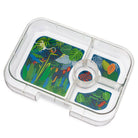 Clear compartmentalized container with colorful jungle-themed labels on a white background