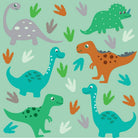 Pattern of colorful cartoon dinosaurs on a light green background