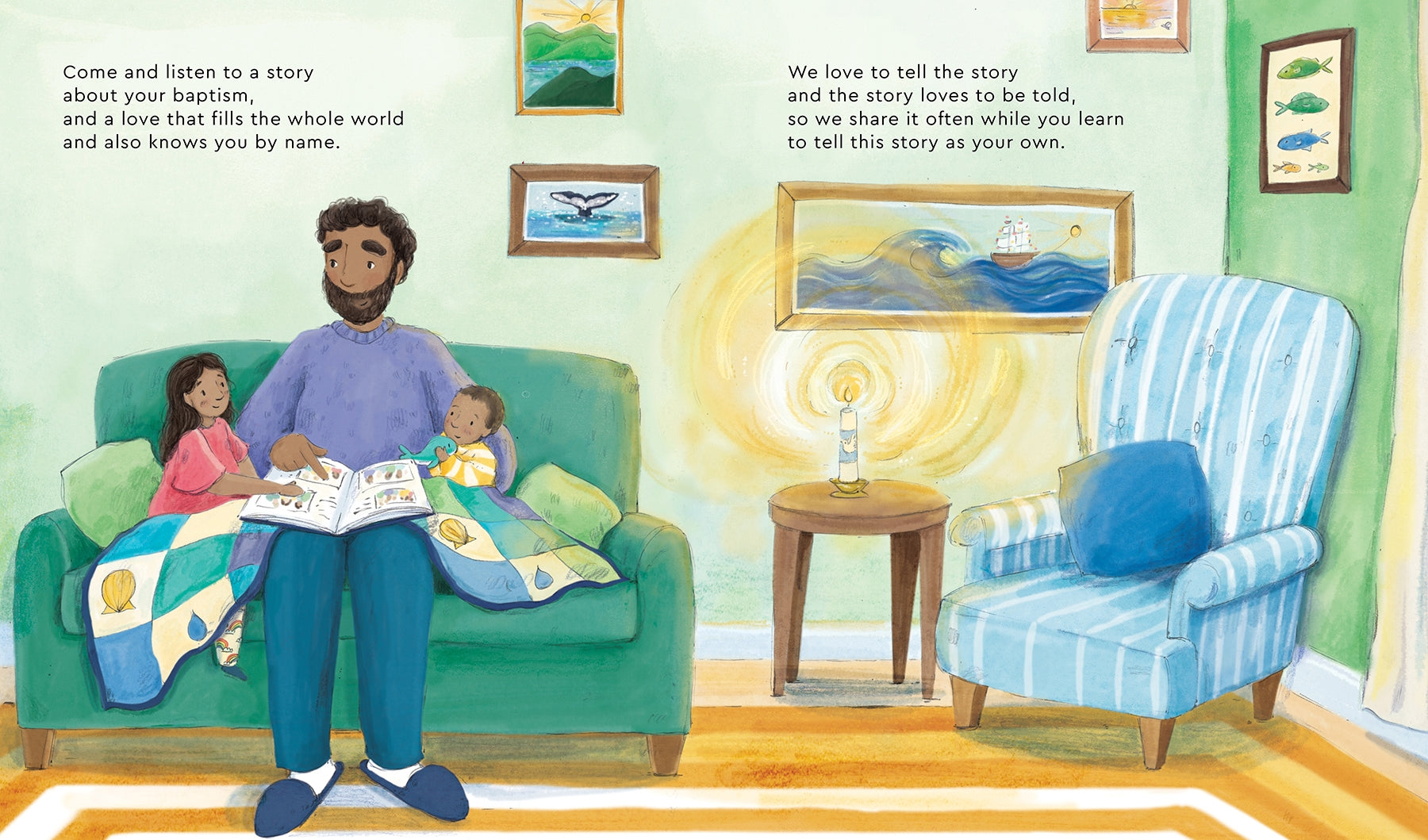 Illustration of a family reading together in a cozy living room.