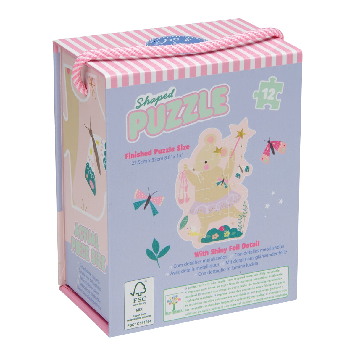 A shaped wooden puzzle box with a pink and white striped lid and handle, featuring a pastel blue front panel with an illustration of a bear and butterflies. The box includes text such as 'Shaped PUZZLE' and '12 pieces' and is photographed on a plain white background.