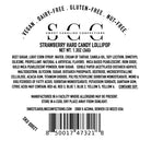 Back label of Strawberry Hard Candy Lollipop from Sweet Caroline Confections with ingredients and manufacturing details.