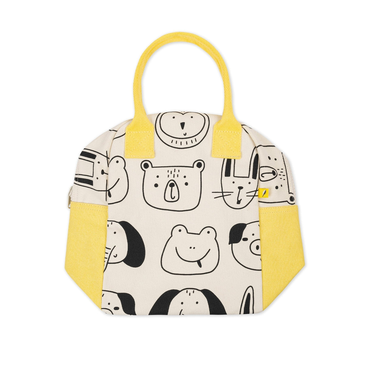 A structured tote bag with a cream-colored canvas body featuring a black line art cartoon animal pattern, bright yellow handles and side panels, and a small yellow zipper pull accent.