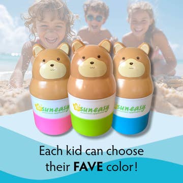 Three bear-shaped bottles with colorful labels on a beach background, featuring the brand 'Sun-Easy'.